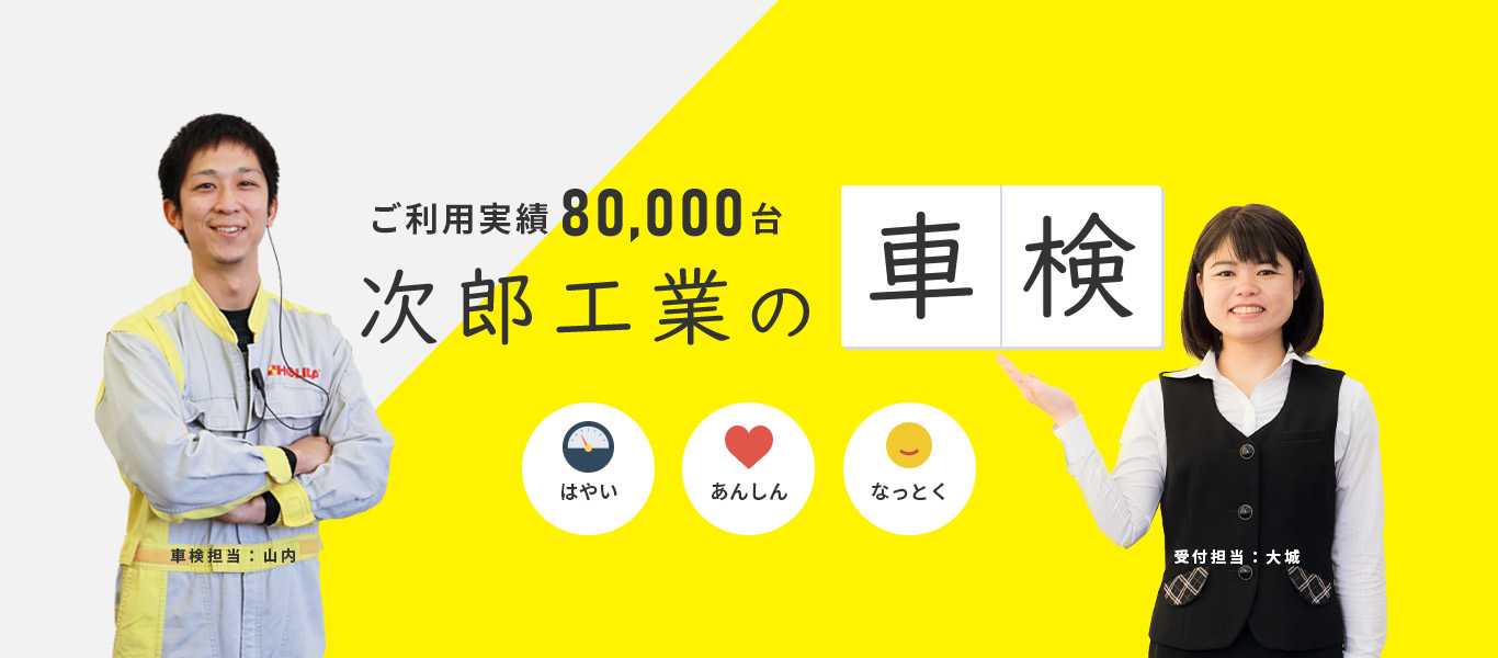 コミコミ2.9万円台～。ご利用実績80,000台超。次郎工業の車検。